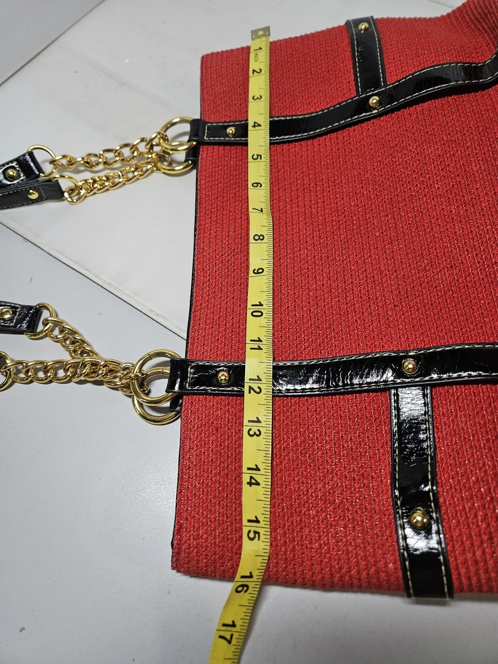 Red Woven Straw Tote Bag with Black Patent Trim and Gold Chain Handles